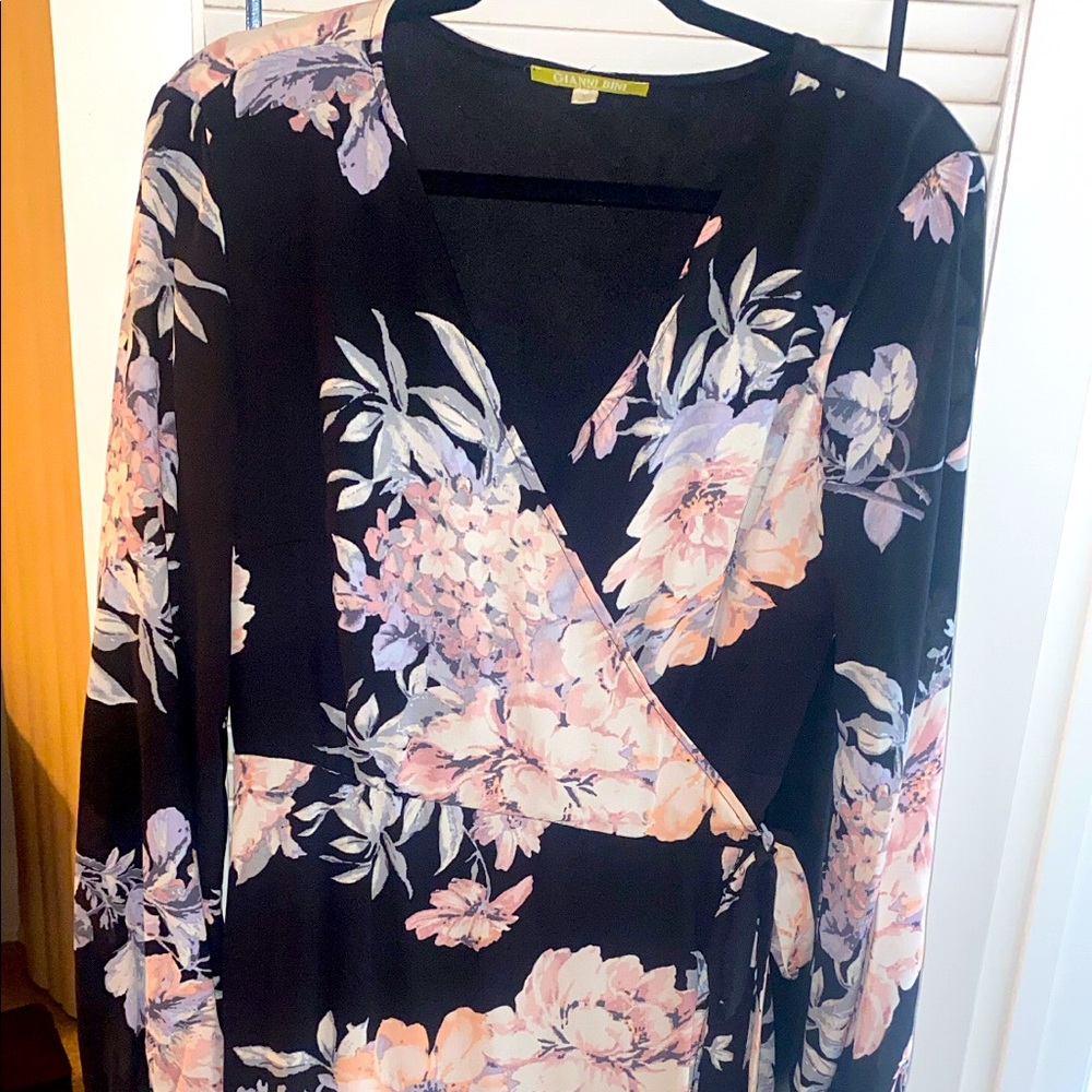 Gianni Bini Womens Black Pink Floral Wrap Maxi Dress Long Sleeve Size Large